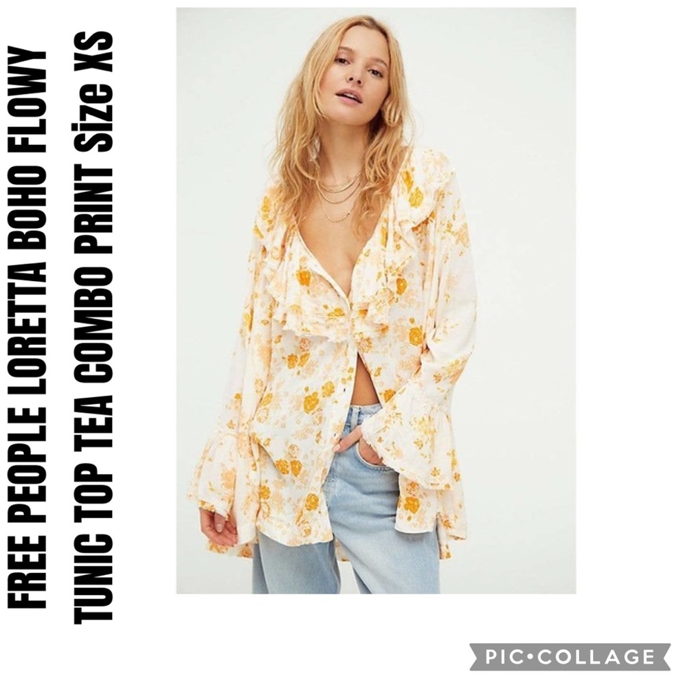 FREE PEOPLE LORETTA BOHO FLOWY TUNIC TOP TEA COMBO PRINT Size XS